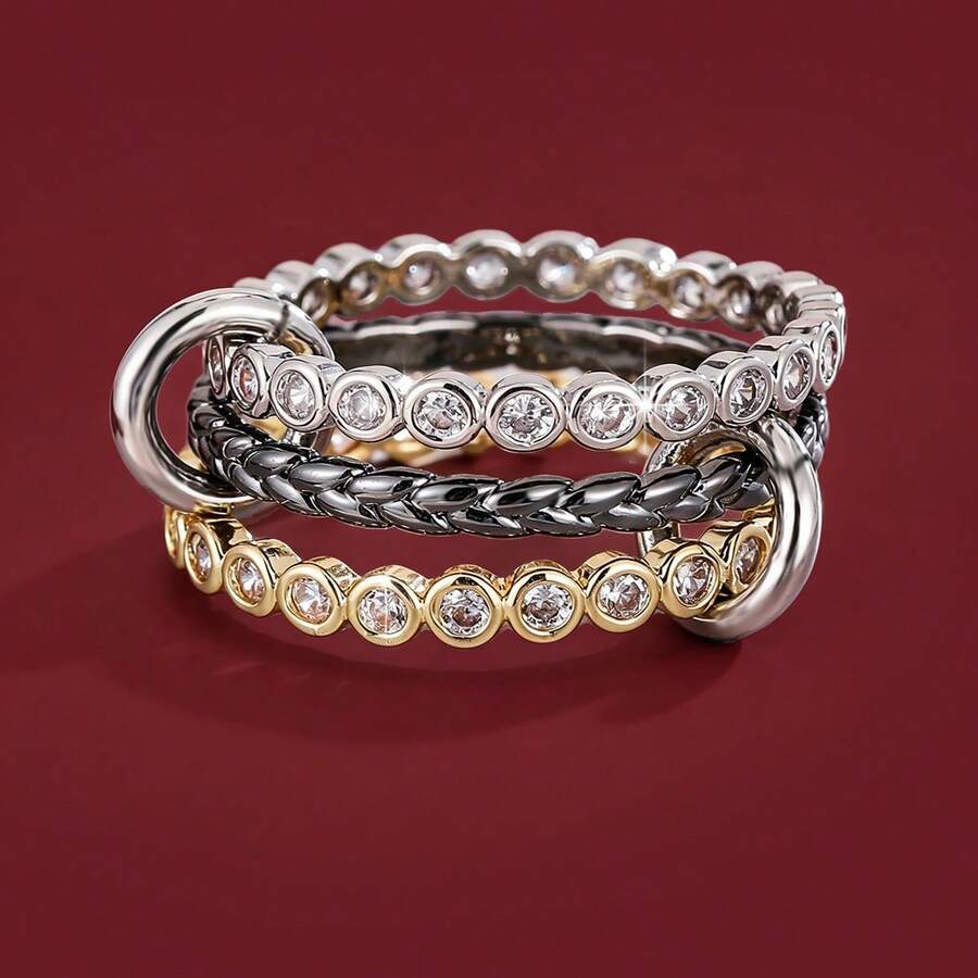 1 pieza Anillo de mujer con diseño de lunares trenzado y circonita cúbica de moda - Multicolor - Ver 1