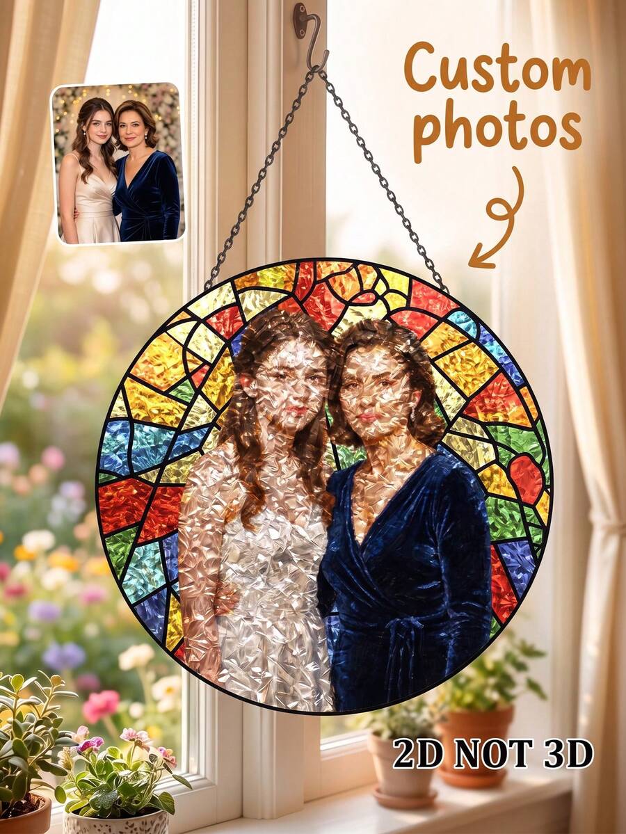 1pc Custom Photo Stained Glass Style Hanging Plaque, Personalized Family Portrait Round Window Hanging Ornament,Unique Keepsake Souvenir Gift For Mother's Day, Family Reunion, Birthday, Holiday Present - Multicolor - View 1