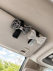 1pc Shiny Rhinestone Bow Car Sun Visor Glasses Holder, Cute Girly Style Car Interior Decor, Universal Eyewear Holder Accessory, Suitable For Female Drivers - A - View 1