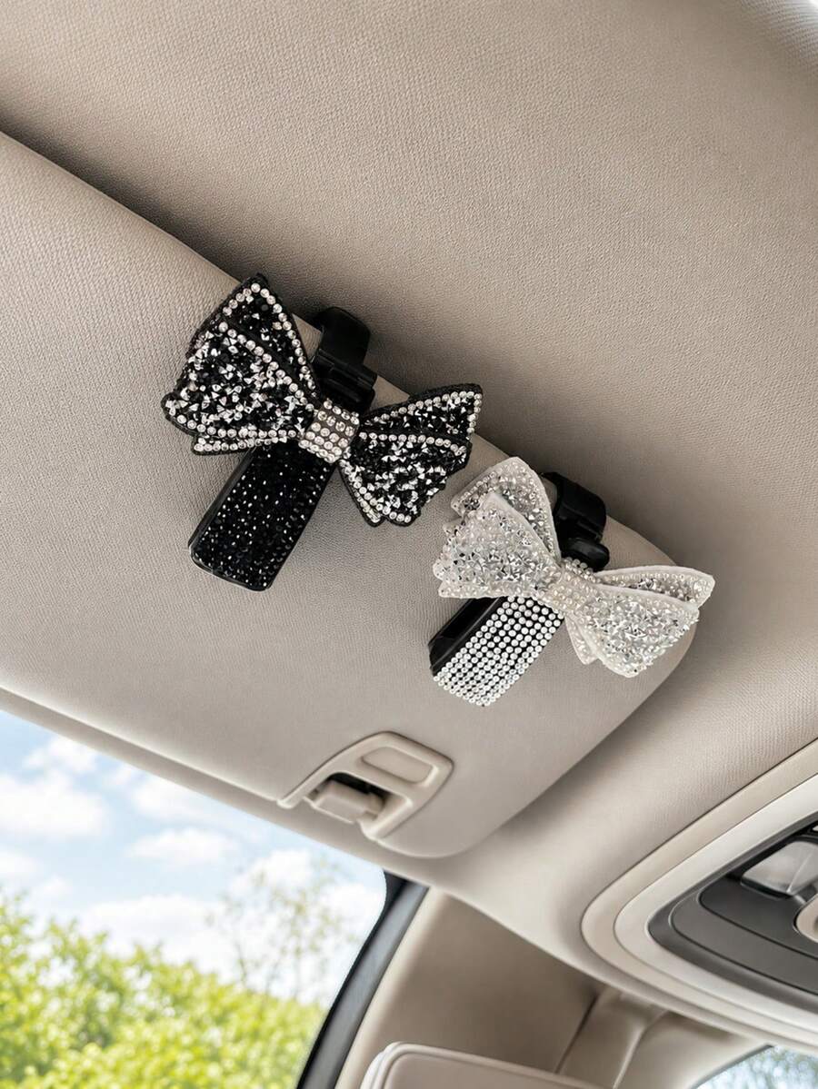 1pc Shiny Rhinestone Bow Car Sun Visor Glasses Holder, Cute Girly Style Car Interior Decor, Universal Eyewear Holder Accessory, Suitable For Female Drivers - A - View 1