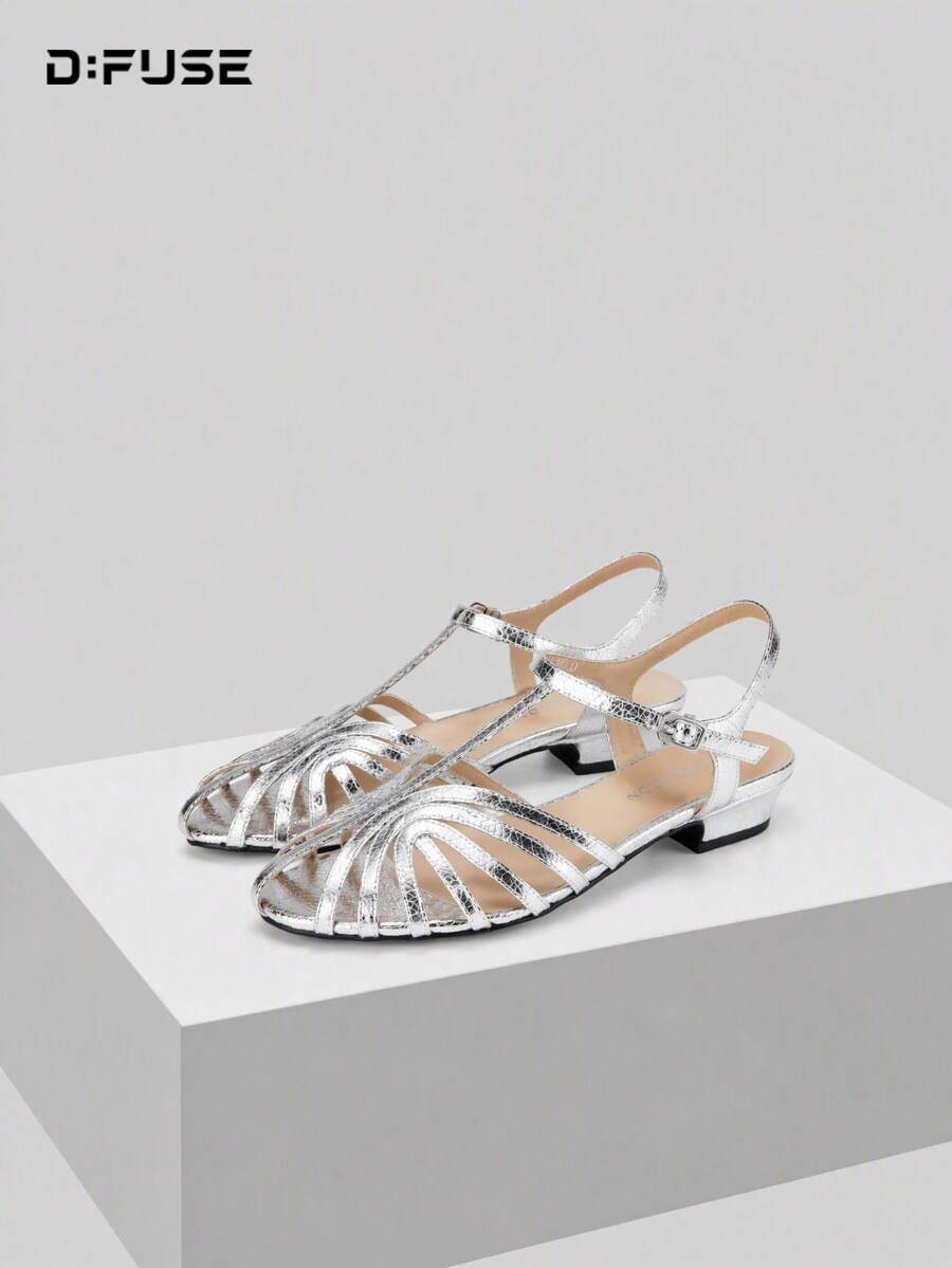 D:FUSE Women's Snake-Embossed Solid Color Knotted Open-Toe Multi-Strap Low-Heel Roman Sandals, Vintage Y2K Sweet Style, Comfortable For Dates, Parties, Weddings And Daily Wear, Silver Microfiber - Silver - View 1