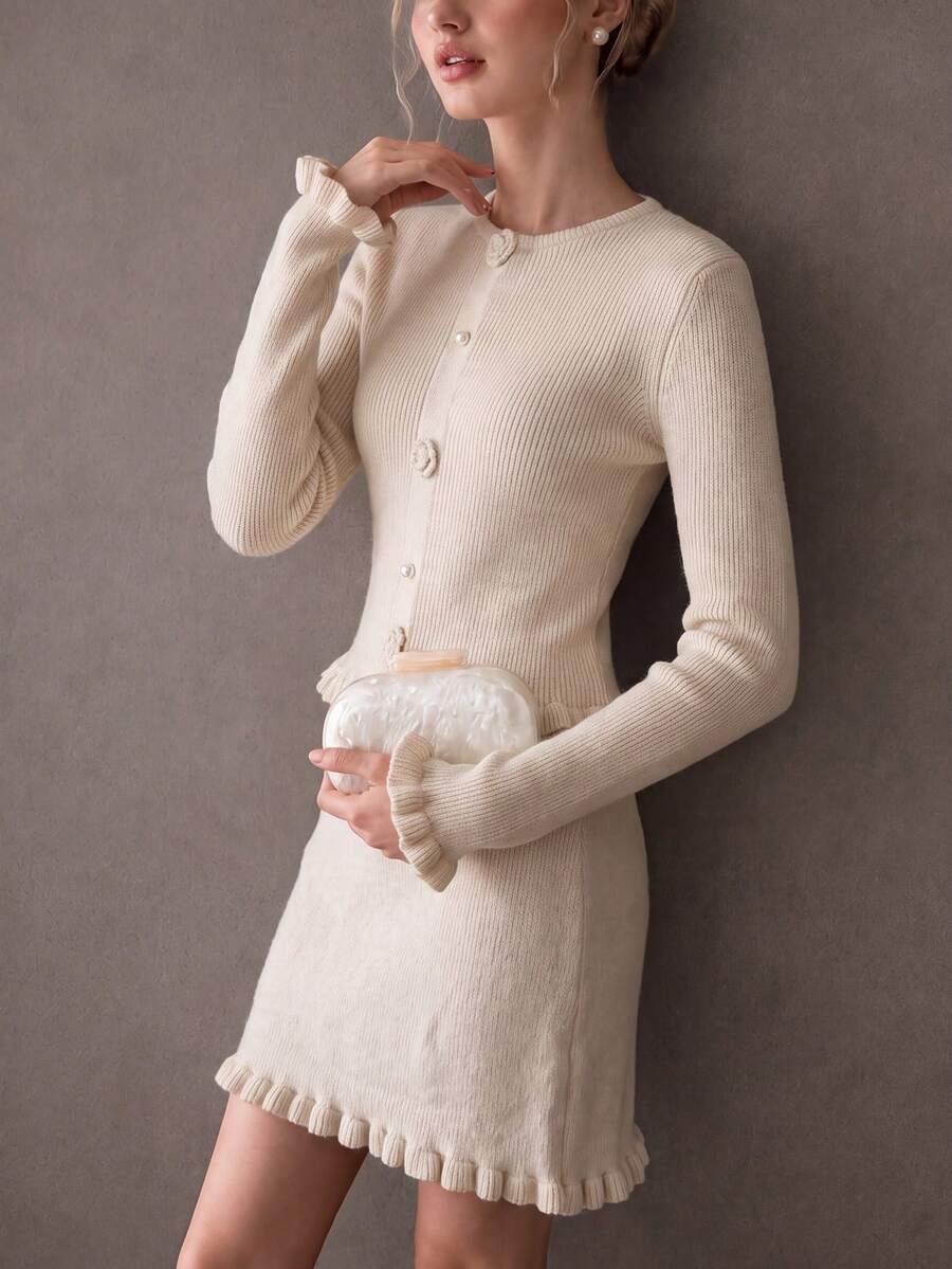Setelan 2 Potong Atasan dan Rok Rajut Minimalis Elegan Musim Gugur/Dingin untuk Wanita - putih pucat - View 1