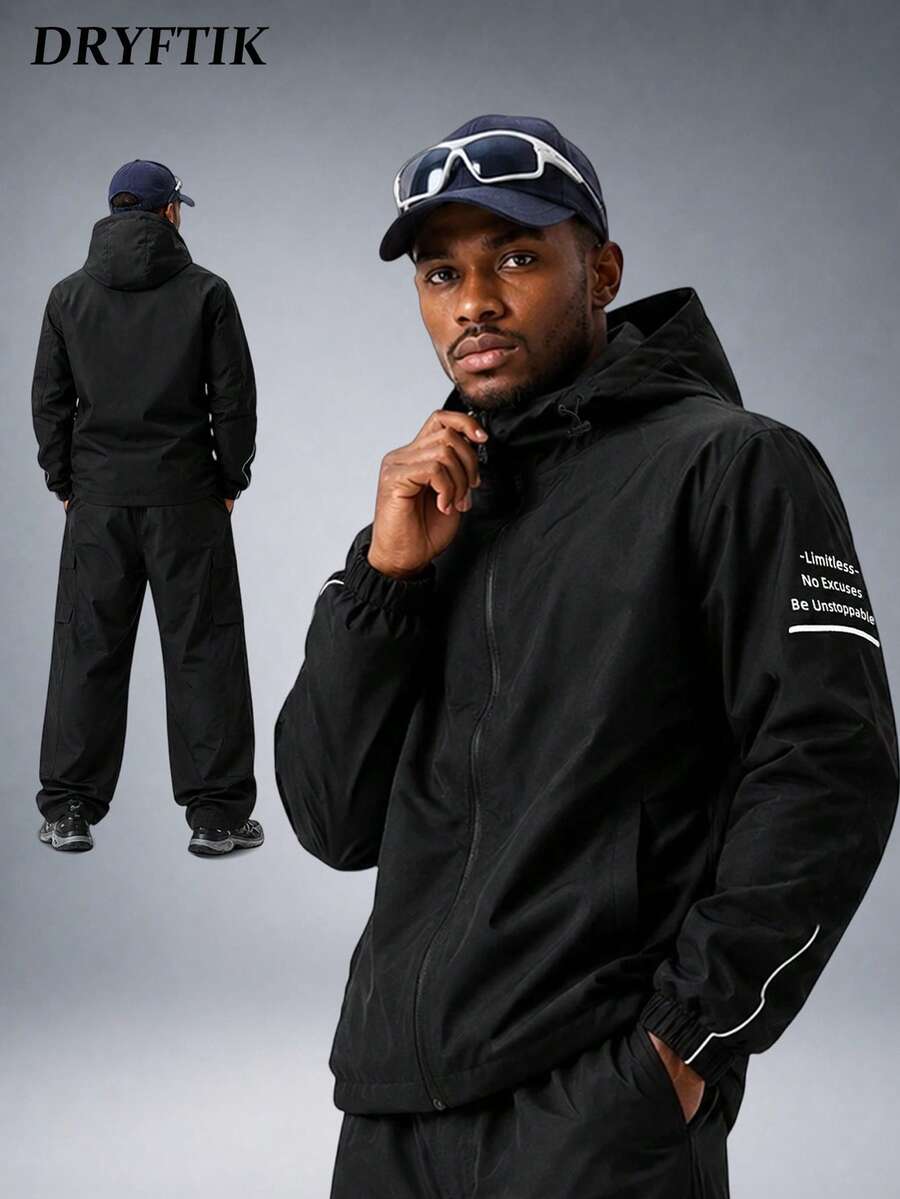 Men's Letter Print Hooded Jacket, Sturdy Wear-Resistant Fabric, Reflective Strip Design, Streetwear Functional Style, Suitable For Daily Wear And Night Running, Personalized Style - Black - View 1