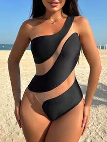 HaiiMeid Traje de baño de un solo hombro con parches de malla de unicolor sexy para mujer, adecuado para vacaciones de verano en la playa, color negro - Negro - Ver 2