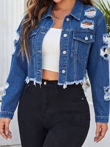 Women's Vintage Distressed Short Denim Jacket, Long Sleeve Lapel, Front Button Pockets, Suitable For Autumn Grunge Style - Blue - View 4