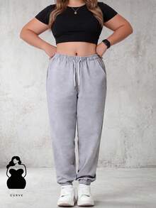 Celana Panjang Wanita Ukuran Besar Musim Gugur/Musim Semi Warna Polos Celana Olahraga Kasual Jogger Pinggang Elastis Tali Serut dengan Kantong Resleting Yoga Lari Olahraga - Light Grey - View 1