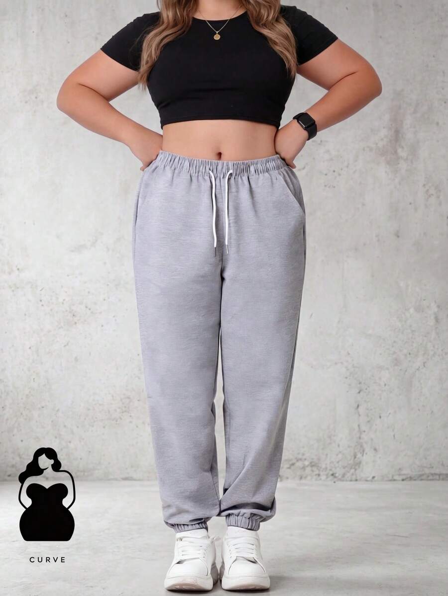 Celana Panjang Wanita Ukuran Besar Musim Gugur/Musim Semi Warna Polos Celana Olahraga Kasual Jogger Pinggang Elastis Tali Serut dengan Kantong Resleting Yoga Lari Olahraga - Light Grey - View 1