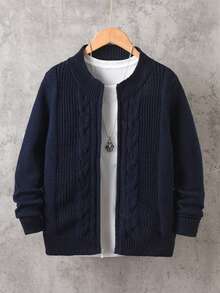 Boys' Stand Collar Zip-Up Cardigan Long Sleeve Knit Sweater With 3D Cable Texture, Casual Versatile Knit Jacket For School Daily Wear, Autumn/Winter - Navy Blue - View 2