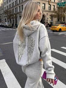 Sudadera casual con bordado de alas de ángel, primavera - Gris Claro - Ver 1