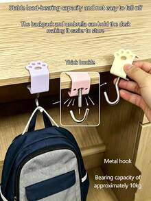 Non-Drill Desk Edge Hook, Macaron Color Cat Paw Hook, Adjustable Bag Hook, Side Hook, Detachable & Movable Student Backpack Hook, Desktop Student Desk Storage, Cute Cartoon, Strong Load-Bearing - View 2