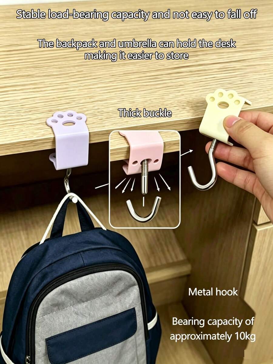 Non-Drill Desk Edge Hook, Macaron Color Cat Paw Hook, Adjustable Bag Hook, Side Hook, Detachable & Movable Student Backpack Hook, Desktop Student Desk Storage, Cute Cartoon, Strong Load-Bearing