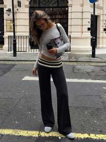 Striped Folded Waist Design Loose Drape Floor-Length Casual Versatile Butt-Lifting Long Pants For Women - Black - View 5