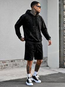Men's New Casual 2 Pieces Set With Mottled Water-Washed Fabric Hooded Drawstring Sweatshirt And Elastic Drawstring Shorts - Black - View 4