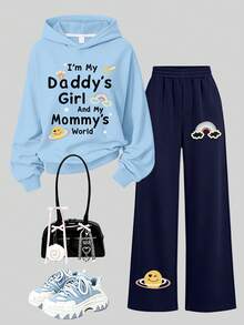 Fashionable Youthful Girls Letter Cartoon Personalized Pattern Print Hoodie Sweatshirt Paired With Printed Loose Wide Leg Pants, 2-Piece Set For Autumn/Winter - Baby Blue - View 3
