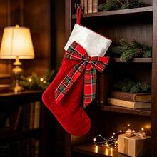 Red Christmas Stockings Retro Plaid Bow Hanging Decorative Socks For Mantel - Red - View 3