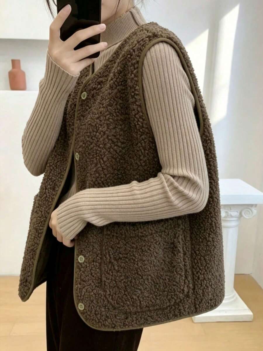 Women's Plus Size Corduroy Vest, Sleeveless, Round Neck, Brown, Regular Length, With Pockets And Buttons - Brown - View 1