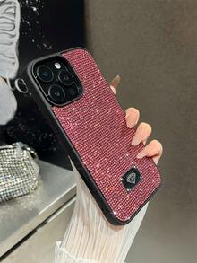 1件裝黑色鑲鑽亮面全包覆舒適握感親膚手機殼，相容 iPhone 16 - 玫瑰紅 - 查看 5