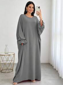 1 buah Gaun Muslim Lengan Manset Motif Bunga Warna Polos, Cocok untuk Pakaian Sehari-hari Wanita, Jalan-jalan, Sholat, Sepanjang Musim - MultiWarna - View 8