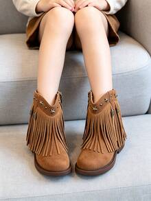 Children's Ankle Boots New Girls' Boots, Little & Big Kids Retro Suede Mid-Calf Boots With Tassels And Rivets, Western Cowboy Style School Boots - Brown - View 3