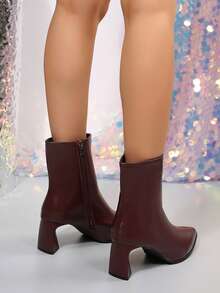 2024 New Women's Chunky High Heel Elastic Slim Sock Boots Mid-Calf Ankle Boots - Burgundy - View 6