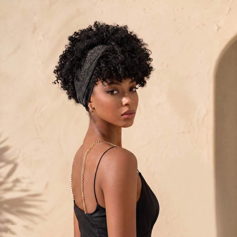 Women Black Short Kinky Curly Synthetic Headband Wig, Fluffy Natural Non‑Glueless No Lace Easy Wear Wig For Daily Party Date - Multicolor - View 1