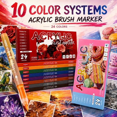 Juego de 12/24 Marcadores Acrílicos Líquidos de Punta Suave, Punta de Bolígrafo Flexible para Líneas Finas y Controlables, Juego de Pinceles de Dibujo Profesional para Estudiantes, Marcador de Dibujo a Mano de Personajes de Animación DIY para Graffiti y Coloreado, Adecuado para Vidrio, Plástico, Metal, Cartulina, Ropa y Otras Superficies, Ideal para Estudiantes