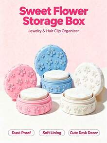 1pc 3D Embossed Cherry Blossom Cotton Pad Storage Box With Dust Cover, Cute Aesthetic Makeup Organizer, Desktop Sponge Jewelry Storage Box - Multicolor - View 1