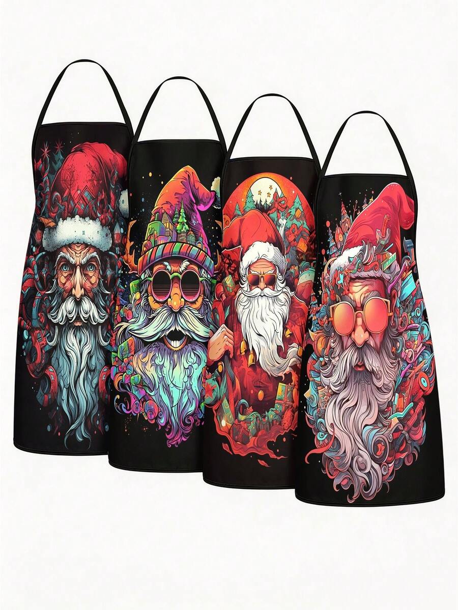 4pcs Christmas Cartoon Character Print Apron Set, Penguin Santa Snowman Elf Pattern Kitchen Cooking Baking Aprons For Holiday Party Home Decoration - Multicolor - View 1