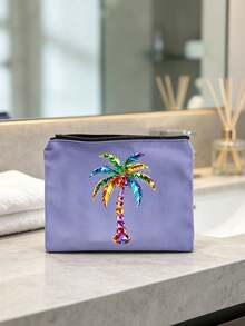 Colorful Rhinestone Palm Tree Print Cosmetic Bag, Zipper Portable Makeup Pouch, Multifunctional Travel Toiletry Organizer Coin Purse, Beach Vacation Accessory Gift For Women - Multicolor - View 5