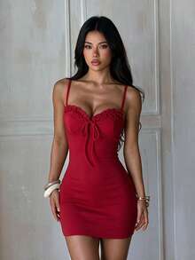 Women's Sexy Lace-Up Solid Color Bodycon Slip Dress, Autumn, Party, Date - Red - View 4