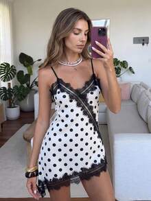 Women's Elegant Vintage Black & White Polka Dot Print Lace Patchwork Design Slip Dress, Spring/Summer - Black and White - View 2