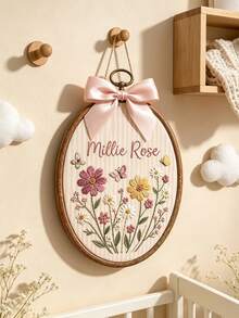 Custom Name Embroidered Hoop Wall Decor, Handmade Wildflower & Butterfly Pattern Embroidery Art Frame With Satin Bow, Personalized Text Wall Plaque, Bohemian Style Room Wall Decoration - Multicolor - View 6