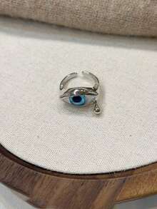 Gothic Style Realistic Eyeball Ring, Metal Silver Water Drop Pendant Eye Open Ring, Subculture Street Style Hot Girl Hand Accessory - Blue - View 4