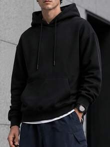 [Men's Plus Size] Men's Drawstring Pocket Long Sleeve Casual Japanese Style Printed Hoodie Sweatshirt - Black - View 2