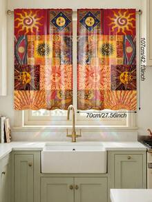 2pcs Vintage Patchwork Sun Print Semi-Sheer Curtains, Bohemian Warm Tone Plaid Sun God Pole Bag Curtains For Bedroom Floor-To-Ceiling Window Decor - Multicolor - View 11