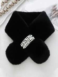 1pc Autumn/Winter Plush Pearl Scarf, Korean Style Thick Solid Color Faux Rabbit Fur Cross Collar Neck Warmer - Multicolor - View 10