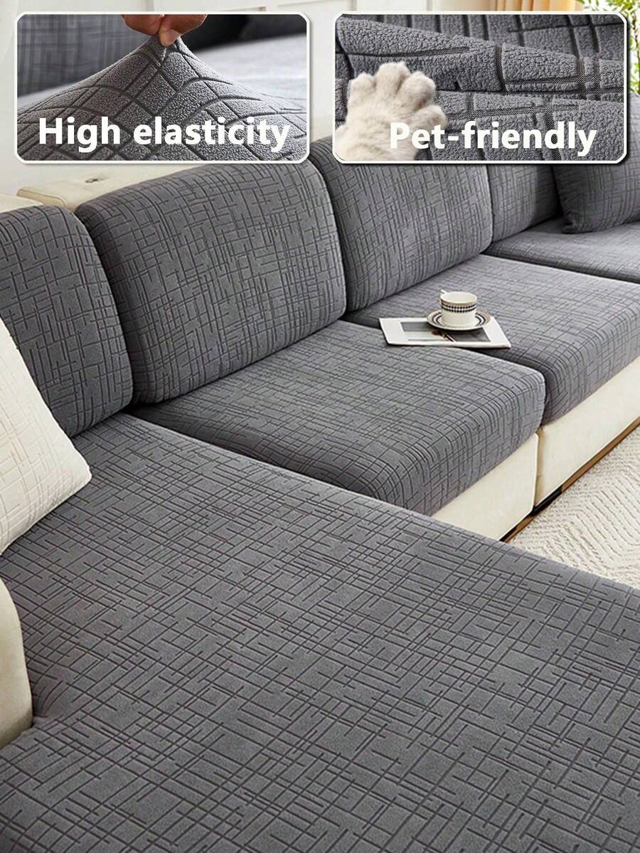 1pc Plaid Embossed High Elastic L-Shaped Sofa Cover, Soft Skin-Friendly Easy To Clean Scratch-Resistant Sofa Cushion Protector, Machine Washable All-Season Pet-Friendly Sofa Cover, Suitable For 1/2/3 Seater And L-Shaped Corner Sofas - Dark Grey - View 1