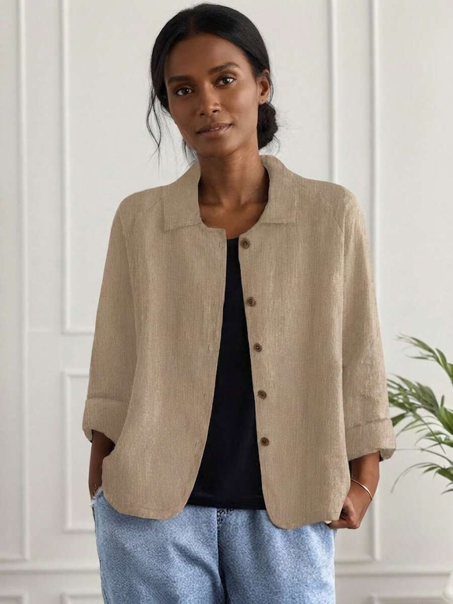Jessefine Solid Color Collar Linen Blend Casual Jacket, Khaki Color, Lightweight & Versatile For Spring/Summer - Khaki - View 1