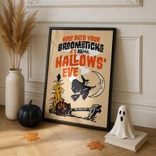 1pc Frameless Vintage Witch Riding Broom Halloween Thanksgiving Wall Art Poster, Rustic Fall Dorm Bedroom Party Decor, Back To School Funky Posters - Multi-color - View 3