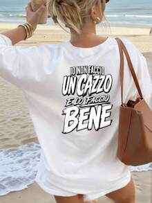 Italian Summer Style Cotton Women Short Sleeve T-Shirt, Bold Distressed Italian Slogan Back Print Casual Tee, Beach Summer Top - White - View 7