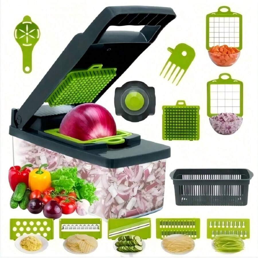 1 Vegetable Onion Chopper, Multi-Functional Cutter, Food Processor, Onion Chopper With Drain Basket, Carrot Garlic Chopper With Container, Kitchen Tool, Kitchen Accessory, For Home/Restaurant Quick Processing - White - View 1
