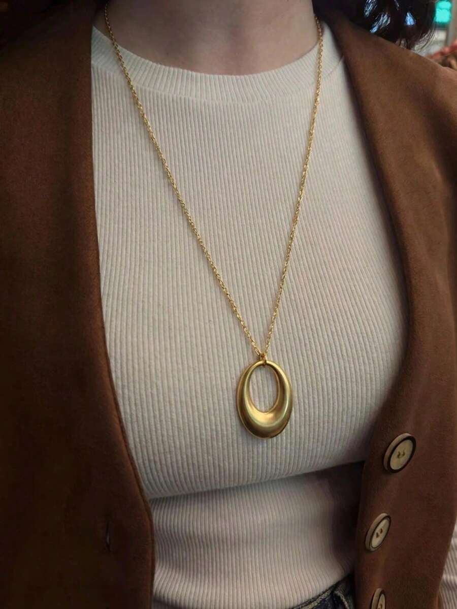 1pc 18K Gold Plated Stainless Steel Geometric Oval Pendant Necklace, Minimalist Vintage Luxury Necklace, Suitable For Daily Wear - Gold - View 1