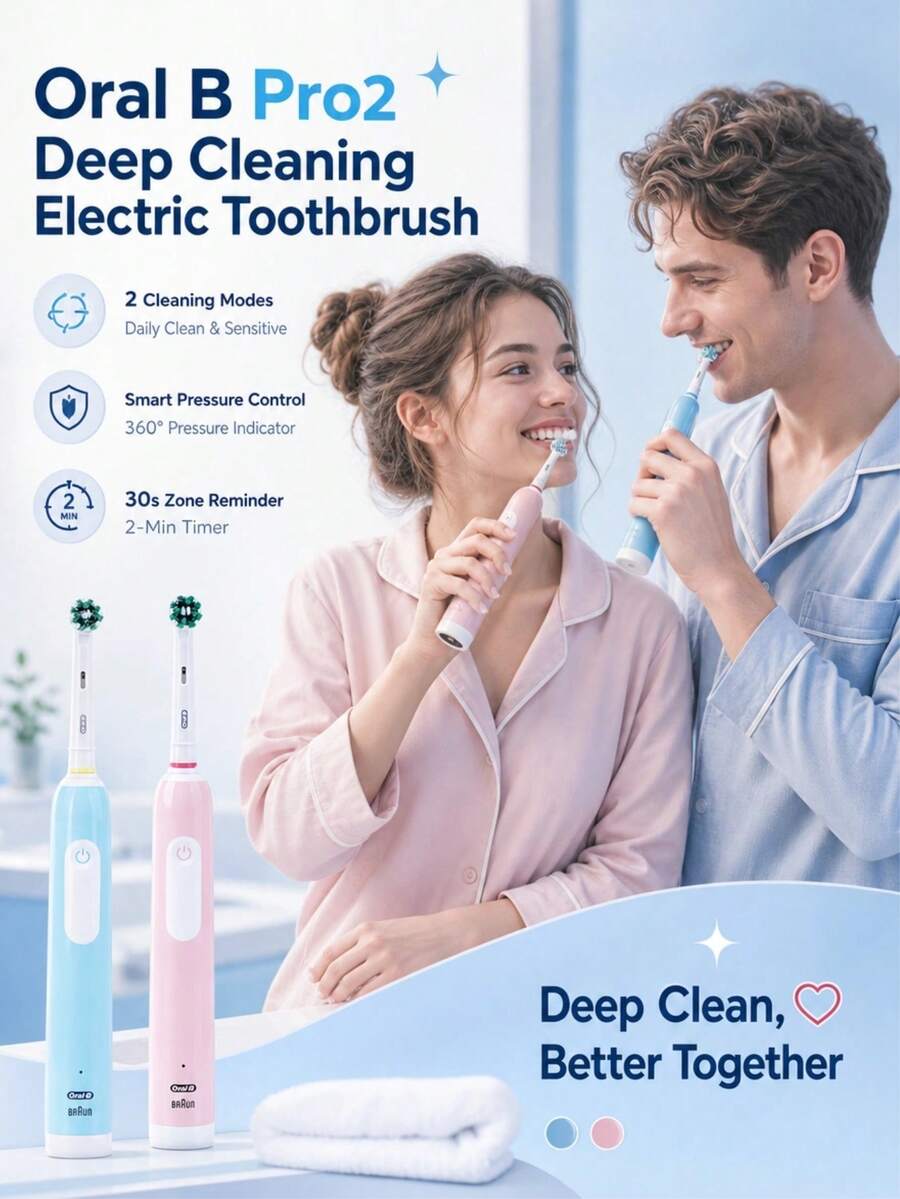 Oral-B Pro Electric Toothbrush Blue & Pink Dual Set 2 Handles 6 Brush Heads 1 Charger Dual Cleaning Modes 48,800 Rpm Smart Pressure Control - Multicolor - View 1
