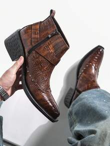 Men's Brown Crocodile Embossed Western Pointed Toe Rivet Side Zipper Chelsea Boots Vintage Workwear High-Top Boots - Brown - View 9