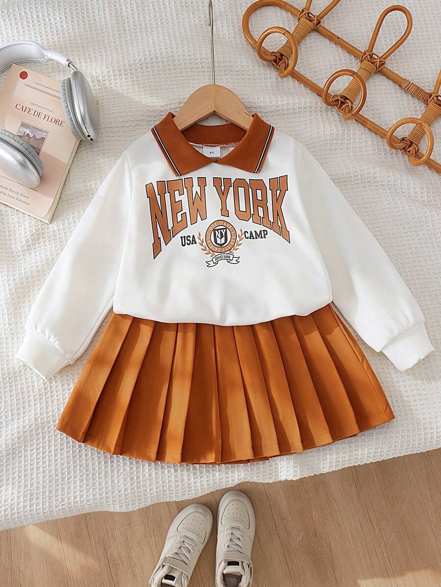 2pcs Young Girls Vintage Campus Style Color Block Lapel Letter Print Long Sleeve Sweatshirt & Versatile Pleated Skirt Spring Autumn Set - Burnt Orange - View 1