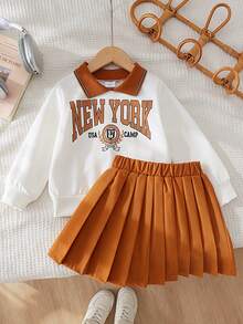 2pcs Young Girls Vintage Campus Style Color Block Lapel Letter Print Long Sleeve Sweatshirt & Versatile Pleated Skirt Spring Autumn Set - Burnt Orange - View 2