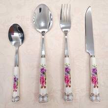 2/4/24pcs Exquisite Hexagonal Floral Ceramic Handle Stainless Steel Tableware Silverware Set, Including Knife, Spoon, Fork, Dessert Spoon, Unique And Elegant Porcelain, Suitable For Restaurants And Daily Family Dining - Multicolor - View 10