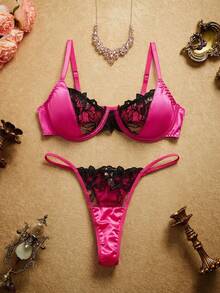 PinupPomp 5pcs Women's Embroidered Metal Chain Lingerie Set, Including Sexy Bra, Thong, Garter Belt, Leg Chain Satin Floral Embroidery Romantic Retro - Hot Pink - View 6