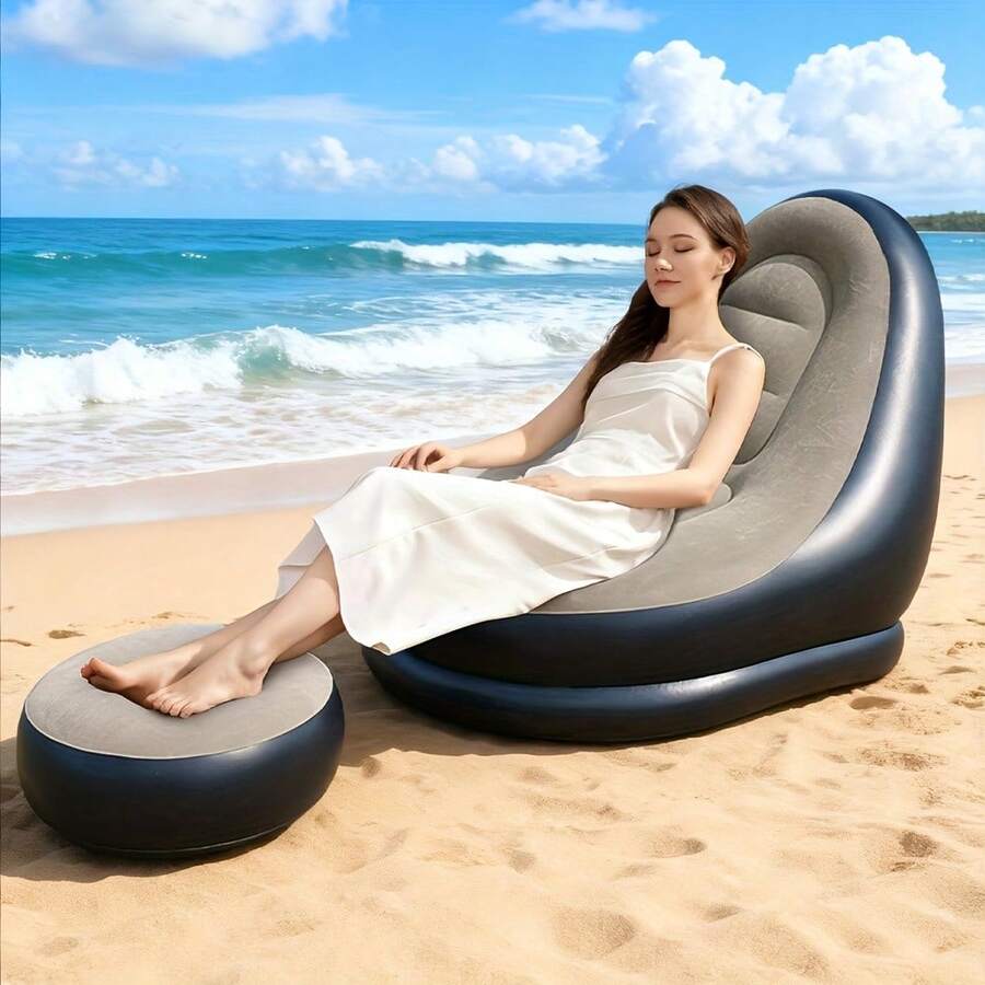 Flocked Portable Inflatable Sofa Footrest Set Lightweight Foldable Air Lounge Chair Durable Comfort Recliner For Home Bedroom Dorm Living Room Camping Picnic Backyard Balcony Practical Holiday Gift