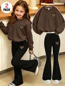 Tween Girls Clothing, Black Crew Neck Sweatshirt And Black Flare Pants Set, Leopard Print, Suitable For Autumn/Winter Wear - Multicolor - View 1